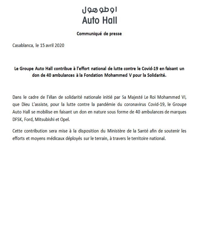 Le Groupe Auto Hall contribue à l’effort national de lutte contre le Covid-19 en faisant un don de 4